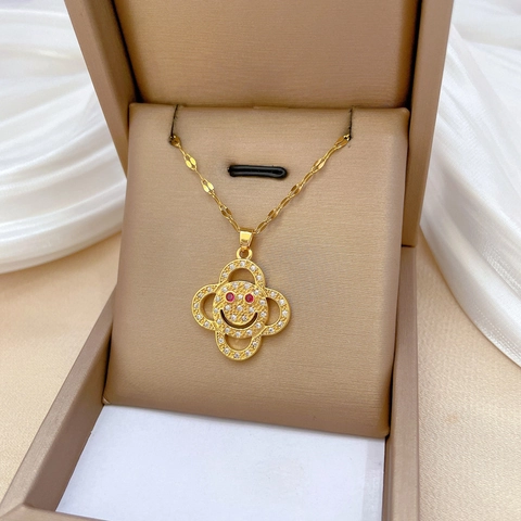 Gouden Roestvrijstalen Ketting Met Koperen Klavertje Vier Smiley Hanger Strass Voor Dames Elegante Sieraden