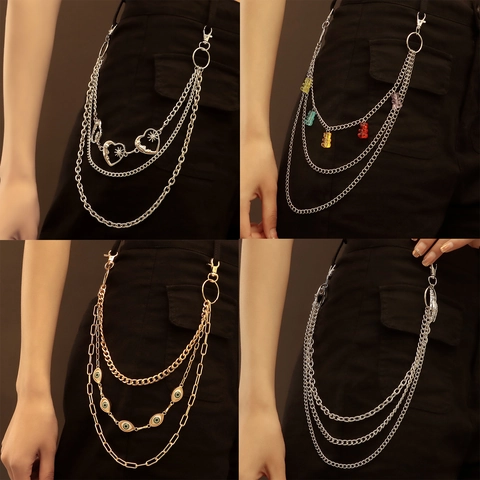 Vrouwen Punk Meerlagige Metalen Tailleketting Riem Met Kunstparel Hart Beer Boze Oog Maan Schedel Hanger Broekketting Sieraden
