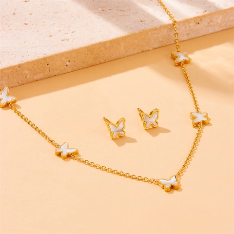 Butterfly Necklace Bracelet Stud Earrings Stainless Steel White Mother Of Artificial Pearl Jewelry Elegant Fashion Women