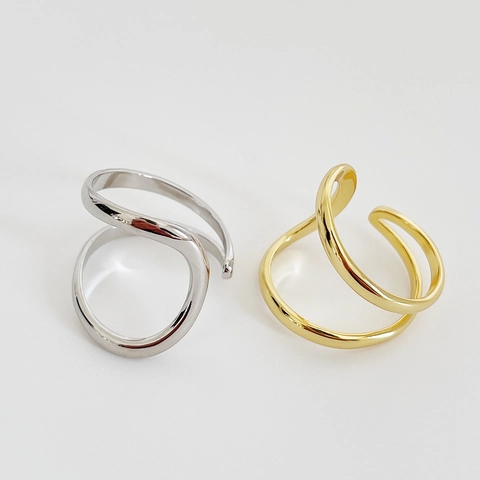 925 Sterling Silber Ring Unregelmäßige Doppellinie Minimalistisch Geometrisch Welle Offen Verstellbar Damen