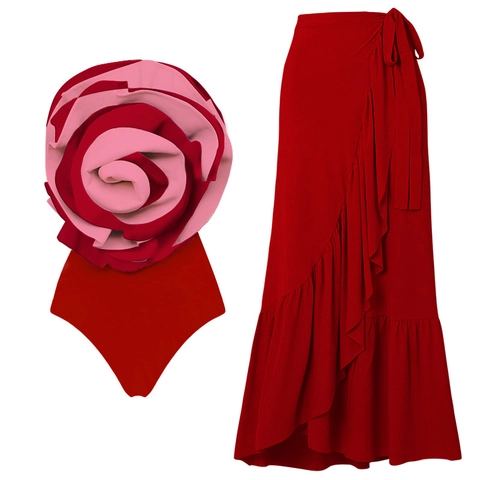 Damen Badeanzug Und Rüschenwickelrock 3D Rosenblüten Dekor Rückenfrei Nylon Strandmode