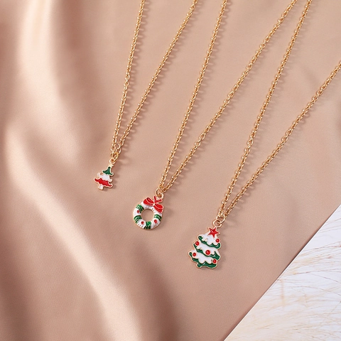 Christmas Pendant Necklace Titanium Steel Chain Alloy Enamel Santa Claus Snowman Xmas Tree Wreath Festive Jewelry For Women