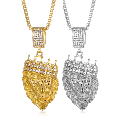 Hip Hop Lion Head Crown Pendant Necklace Titanium Steel Gold Silver Plated Rhinestone Iced Out Jewelry For Men Women Daily