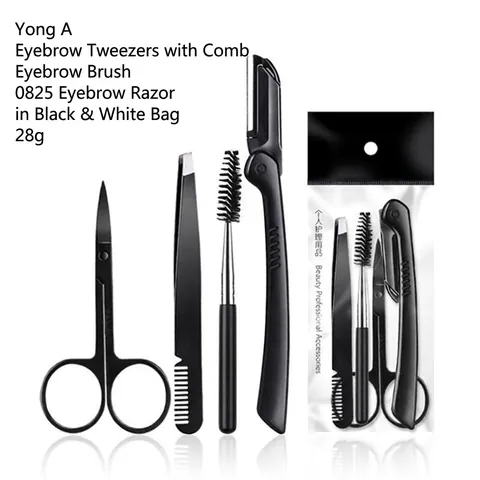 Eyebrow Grooming Trimming Tools Stainless Steel Razor Scissors Tweezers Spoolie Brush Portable Professional Black