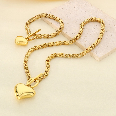 Collana E Bracciale Con Ciondolo A Cuore In Acciaio Inossidabile Catena Bizantina Chiusura A Toggle Accessorio Moda Per Donna