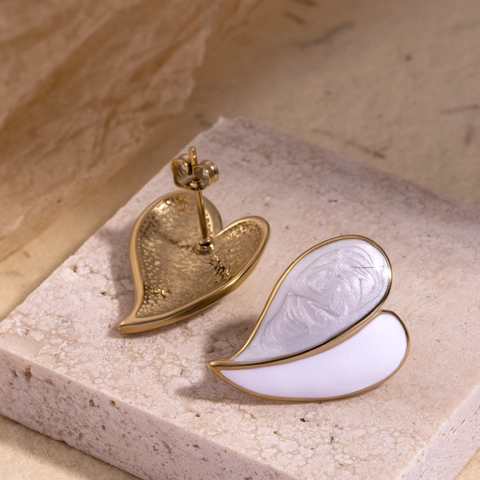 Heart Shaped Stud Earrings Stainless Steel Enamel Marble Texture Gold Plated Retro Elegant Jewelry For Women