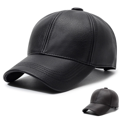 PU Leather Baseball Cap For Men Windproof Warm Outdoor Adjustable Winter Hat Litchi Texture