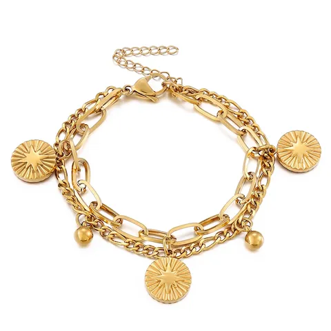 Pulsera De Doble Capa De Acero Inoxidable Para Mujer Dijes De Sol Cadena Ajustable Joyería De Moda