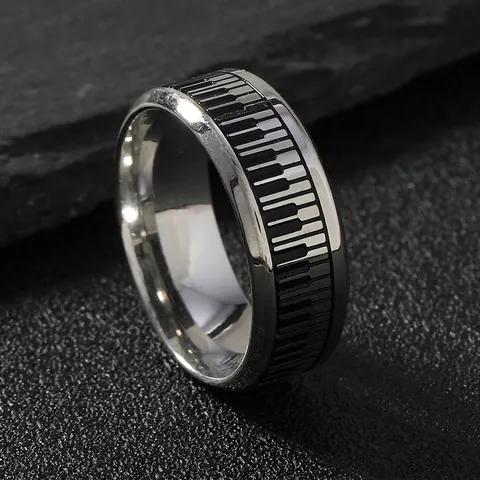 Stainless Steel Ring Piano Keyboard Pattern Black And White Minimalist Creative Jewelry For Men Women Music Lovers