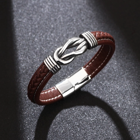 Men's Braided Leather Bracelet With Stainless Steel Infinite Knot Magnetic Clasp Punk Vintage Style Accessory Gift