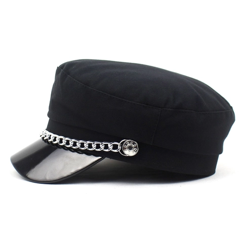 Retro Damen Schirmmütze PU Leder Und Baumwolle Flache Baker Boy Mütze Mit Metallkette Dekoration