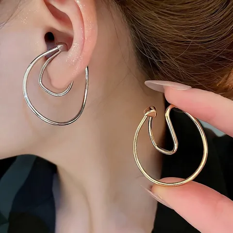 Irregular Geometric Double Loop Ear Cuff Non Pierced Minimalist Twist Copper Metal Jewelry For Women Fashion
