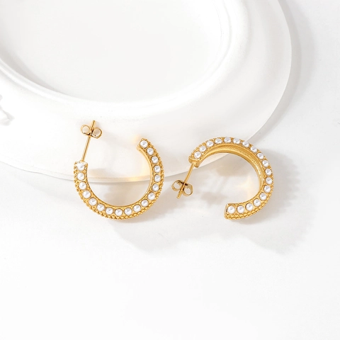 Pendientes de Botón de Acero Inoxidable con Perla Artificial Oro Plata Joyería de Moda Forma C para Mujer