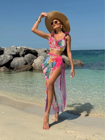 Dames Bikini Top En Broekje Polyester Met Mesh Sarong Rok Tropische Bloemenprint Beugel Gewatteerd Strand Zwemkleding