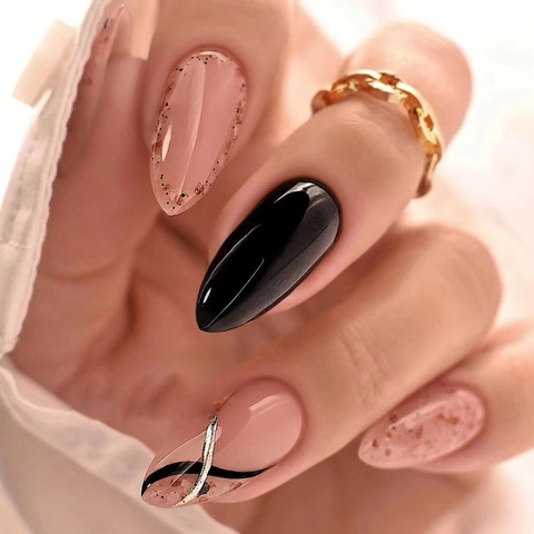 Almond Shape Press On Nails Polka Dots Pink Black Contrast Silver Line Glitter Artificial Fingernails
