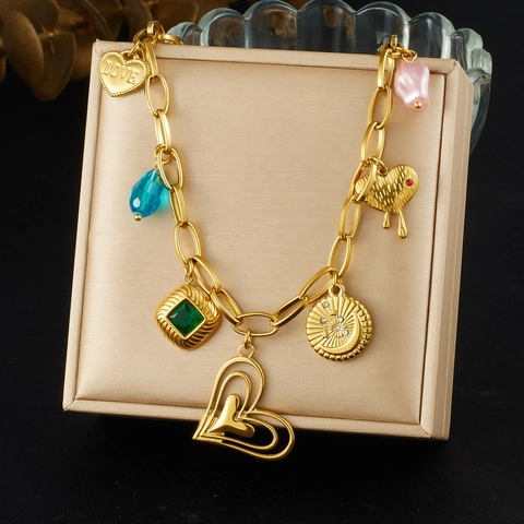 Collana In Acciaio Inossidabile Placcato Oro Con Pendenti Multipli Cuore Stella Luna Gioielli Boho Da Donna