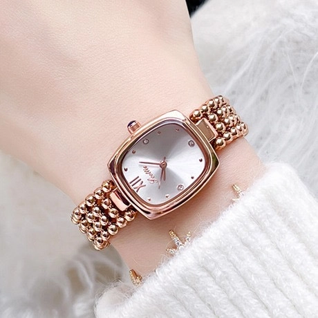 Women Quartz Watch With Oval Square Dial Alloy Metal Bead Chain Strap Waterproof Fashion Elegant Timepiece