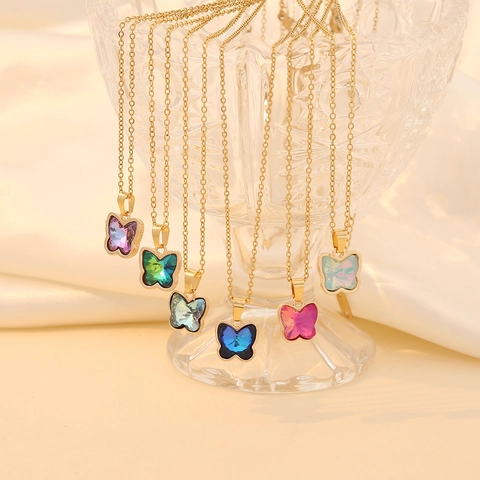Schmetterling Anhänger Halskette Glas Kristall Vergoldet Kupfer Edelstahl Kette Elegante Mode Schmuck Für Damen