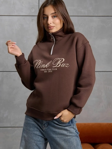 Felpa Da Donna In Cotone Con Mezza Cerniera Collo Alto Manica Lunga Stampa Lettere Streetwear Retro Marrone Pullover