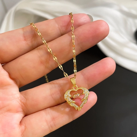 Herz Engel Flügel Anhänger Halskette Kupfer Zirkonia Einlage Edelstahl Kette Vergoldet Schlüsselbein Schmuck Damen