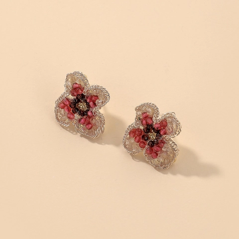 Flower Stud Earrings Handmade Crystal Beads Woven Alloy With 925 Sterling Silver Earring Post Vintage Floral For Women