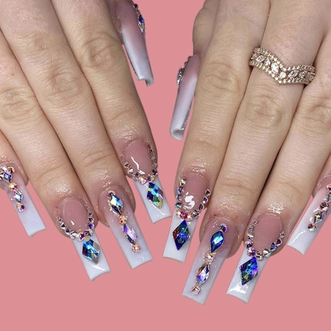 Uñas Postizas Largas Ataúd Degradado Rosa Blanco Brillo Diamantes De Imitación Estilo Francés Para Mujeres