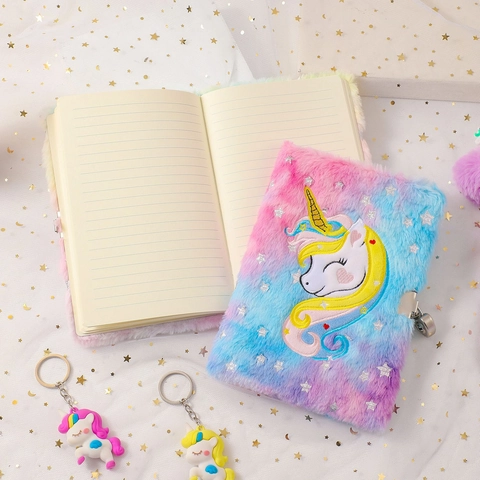 Unicorn Plush Notebook With Lock And Key Tie Dye Faux Fur Embroidered Secret Diary Journal Gift For Girls School Student