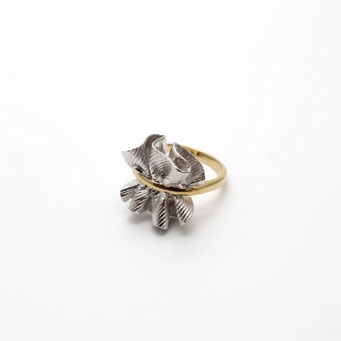 Bague en Argent Sterling 925 de Style Japonais Texture Plissée Irrégulière Bicolore Bague Ouverte Ajustable Bijoux pour Femmes