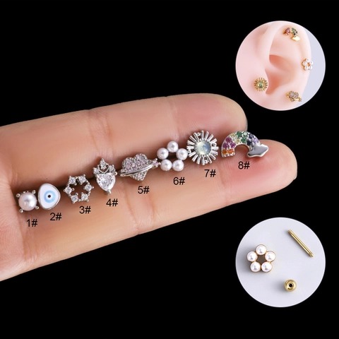 Small Ear Cartilage Stud Earrings Stainless Steel Copper Zircon Shell Artificial Pearl Screw Back Heart Star Flower For Women