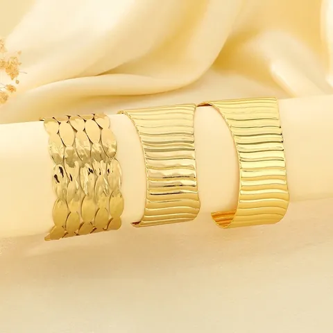 Stainless Steel Wide Open Cuff Bracelet Gold Plated Textured Wave Leaf Minimalist Retro Fashion Jewelry For Women
