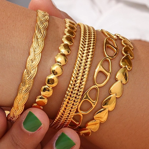 Brazalete Abierto Ajustable de Acero Inoxidable de Moda para Mujer Minimalista Trenza Torcida Corazón Geométrico Joyería Chapada en Oro