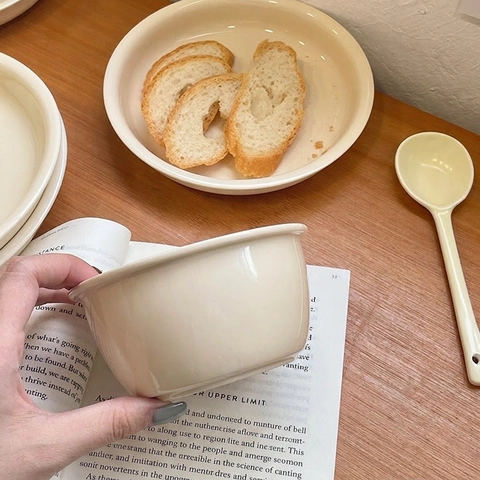 Ceramic Tableware Bowls Plates And Spoons Creamy White Korean Ins Style Minimalist High Temperature Fired Dinnerware