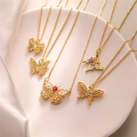 Fashion Copper Butterfly Pendant Necklace With Colorful Zirconia Artificial Pearl Gold Plated Butterfly Chain For Women Jewelry Gift