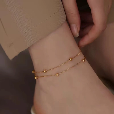 Doppelstöckiges Fußkettchen Titanstahl Minimalistische Kleine Runde Perlen Mode Elegant Sexy Fußschmuck Accessoire Für Frauen