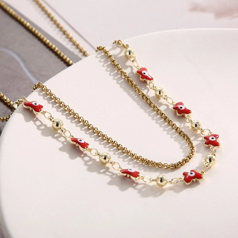 Double Layer Necklace With Enamel Butterfly And Evil Eye Pendant Gold Plated Stainless Steel Copper Jewelry For Women