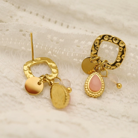 Orecchini In Acciaio Inossidabile Martellato Con Ciondolo A Goccia In Quarzo Rosa Placcato Oro 18K Gioielli Retro Bohémien