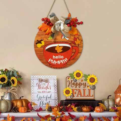 Hello Pumpkin Rundes Holzschild Herbst Willkommen Türbehang Dekoration Mit Juteschleife Ahornblättern Und Karoband