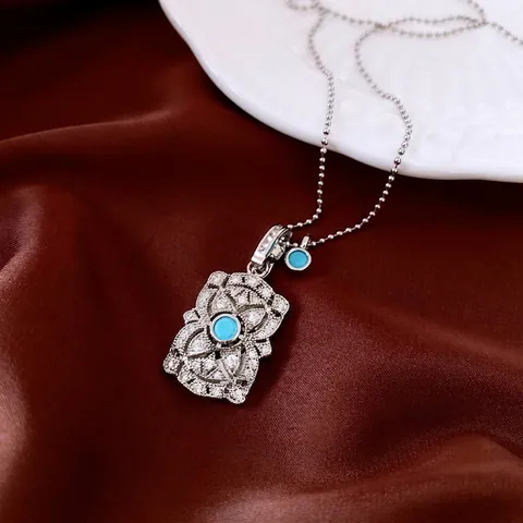 Vintage Kupferhalskette Türkis Blauer Stein Hohlblume Rechteckiger Anhänger Zirkon Kugelkette Damen Schmuck