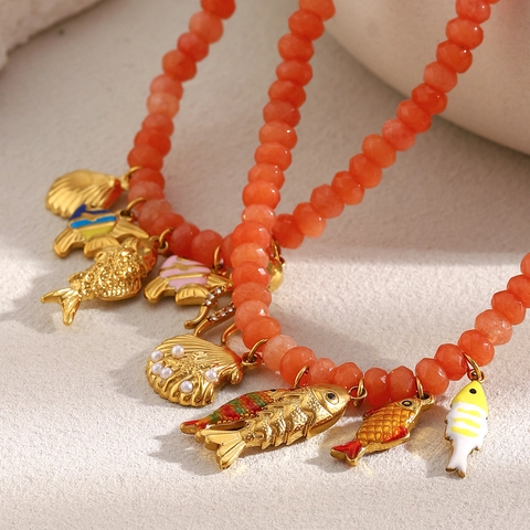 Collana Di Perline Di Agata Rossa Con Ciondoli Creature Marine In Acciaio Inossidabile Placcato Oro 18K Per Donna