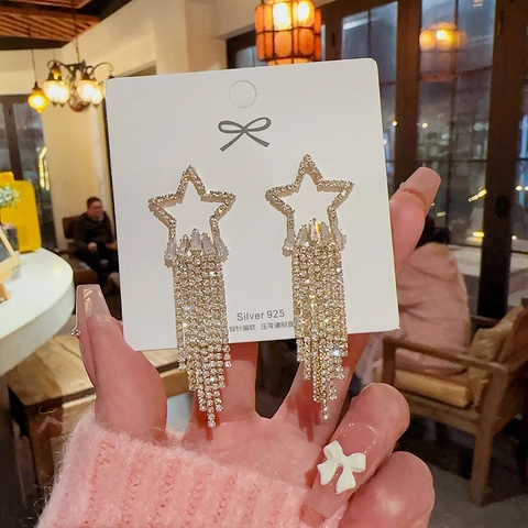 Luxus Kupfer Stern Quaste Ohrringe Für Frauen Mit 925 Sterling Silber Ohrstecker-Stift Funkelnde Strass Eingelegte Lange Hängeohrringe