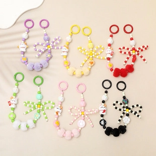 Cute Lucky Cat Cartoon Beaded Wrist Chain Keychain With Bow And Plush Pom Poms Bag Charm Strap Bracelet For Women Girls