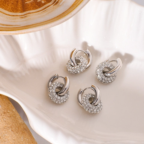 Detachable Hoop Earrings Stainless Steel 18K Gold Plated Full Rhinestone French Vintage Minimalist For Women