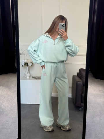 Conjuntos Casuales Mujer Sudadera Con Media Cremallera Y Pantalones De Pierna Ancha Algodón Cintura Alta Bordado Color Sólido Holgado