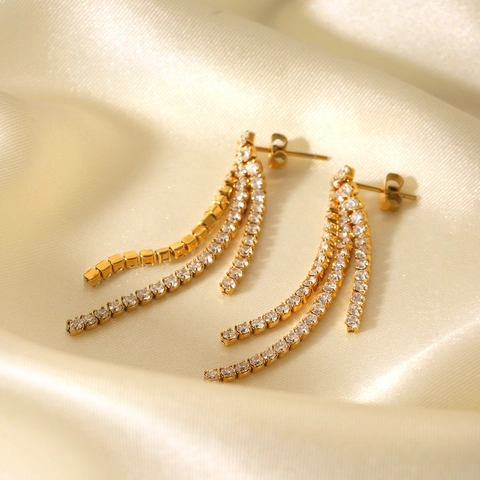 Elegant Long Tassel Drop Earrings Stainless Steel With Zircon Rhinestone Shiny Luxury Party Jewelry For Women