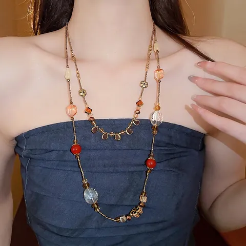 Collier Multicouche En Perles Résine Verre Céramique Pendentif Fleur Goutte Chaîne Longue Pull Vintage Bohème Pour Femmes