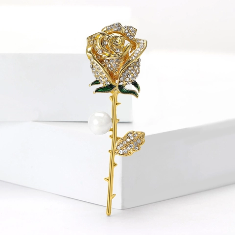 Broche De Flor Rosa Vintage Aleación Diamantes De Imitación Perla Artificial Esmalte Joyería Elegante Accesorio Para Mujer Vestido Traje