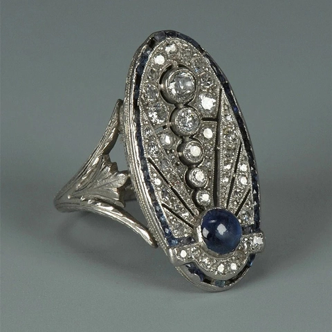 Retro Art Deco Oval Blue Zircon Ring Copper White Gold Plated Hollow Royal Court Style Jewelry For Women Anniversary Gift