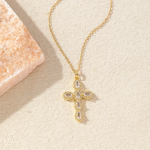 Kreuz Anhänger Halskette Kupfer 18K Vergoldet Mit Bunten Zirkonia Religiöser Modeschmuck Für Damen