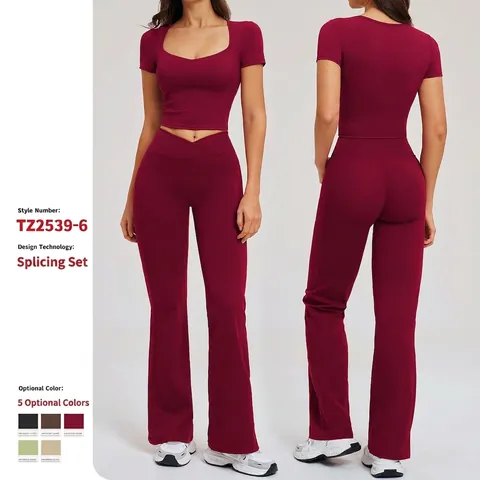 Dames Yoga Outfit Crop Top Met Korte Mouwen En Uitlopende Broek Met Hoge Taille Naakt Gevoel Nylon Spandex Trainingspak