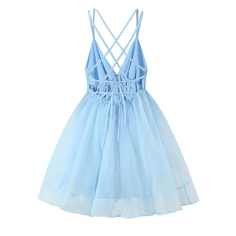 Mini Kleid Spaghettiträger Rückenfrei V Ausschnitt Tüll Netz Hohe Taille Französischer Stil Party Urlaub Für Frauen